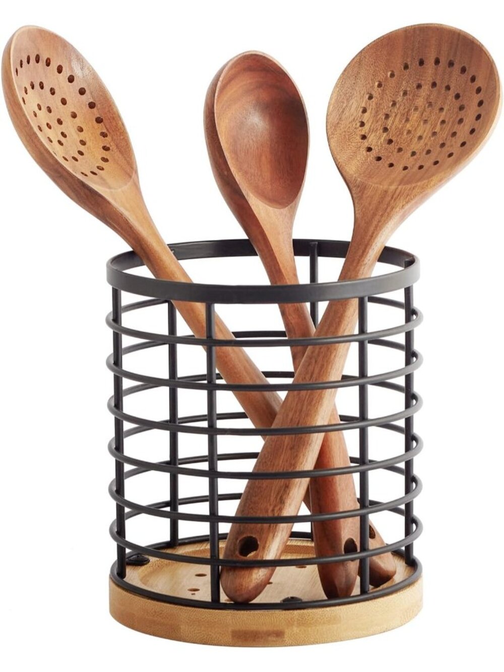 New Matte Black Round Steel Utensil Holder 5.2 x 6 inch Wood Base Countertop